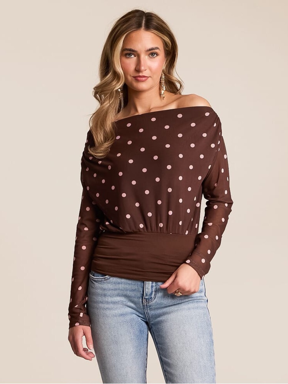 Polka Dot Off-Shoulder Brown Blouse with Pink Dots